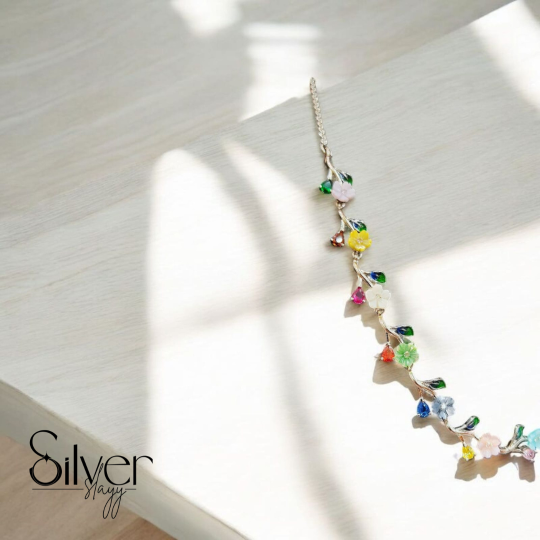 Charming Floral Necklace Set in 925 Sterling Silver with Multicolor Gemstones | Adjustable Elegant Jewelry by SilverSlayy