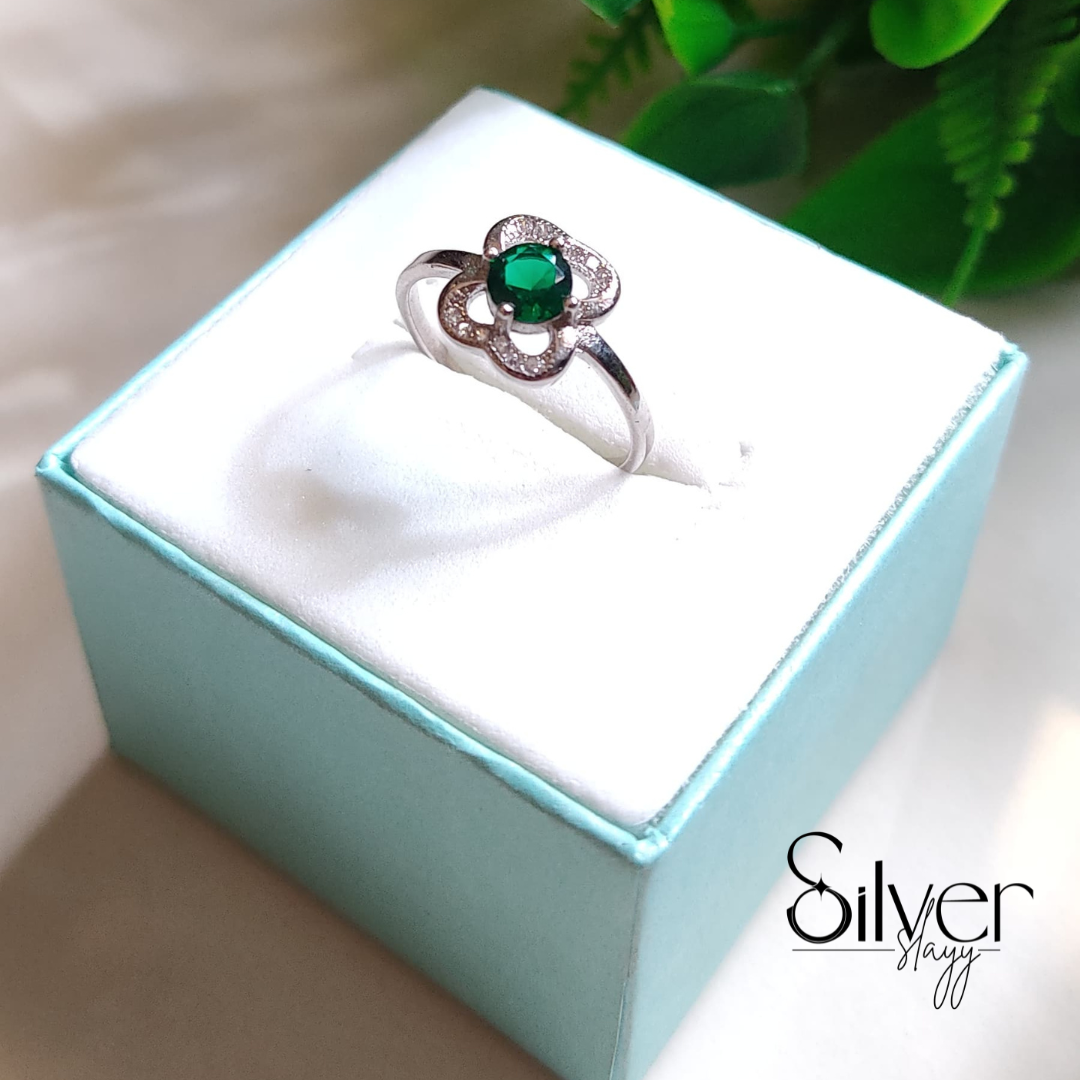 Floral 925 Sterling Silver Ring for Women with Green Gemstone | Elegant Non-Adjustable Finger Ring by SilverSlayy