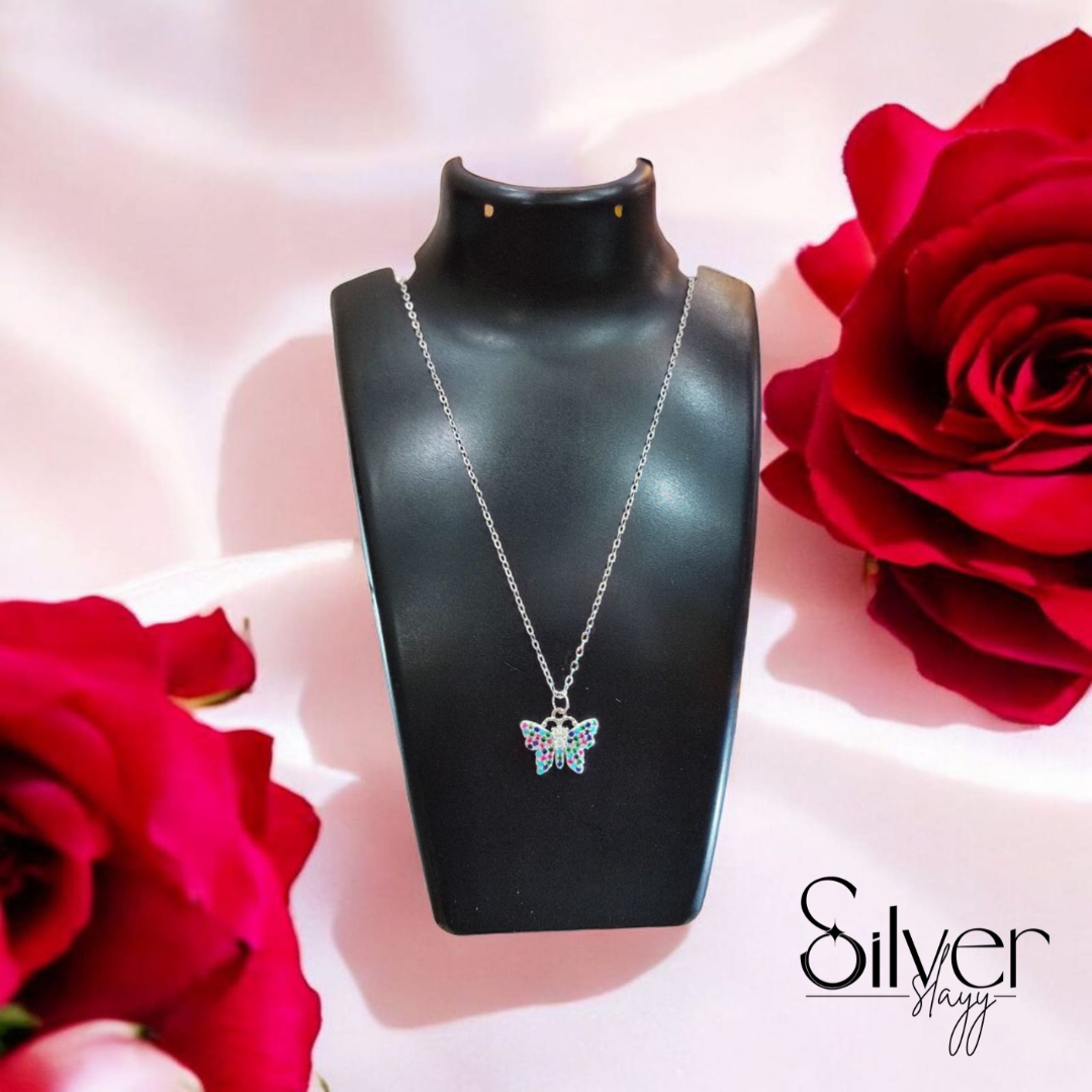 Charming Butterfly Pendant Necklace in 925 Sterling Silver with Colorful Zirconia | Adjustable Elegant Jewelry by SilverSlayy