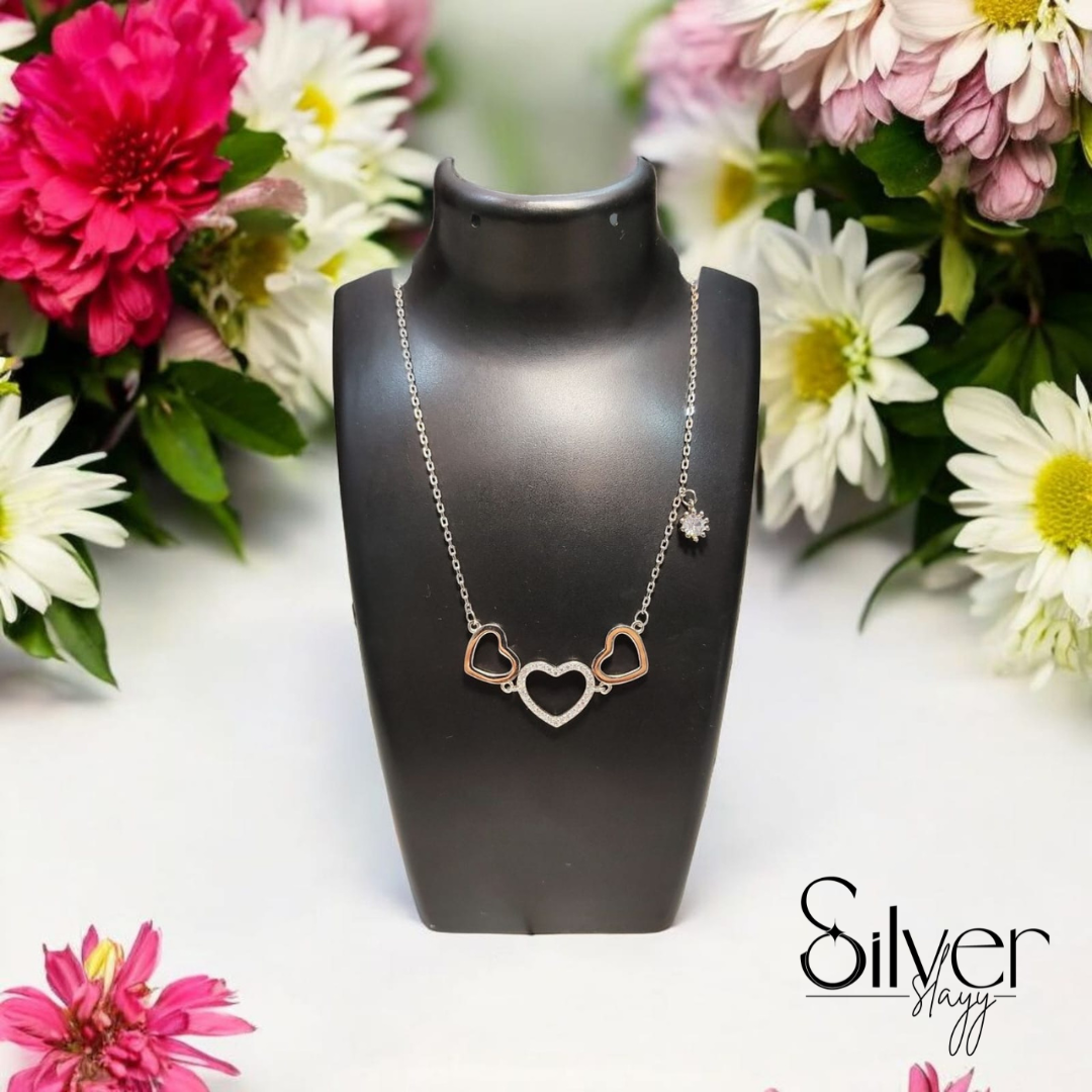 925 Sterling Silver Triple Heart Necklace for Girls – Elegant Open Heart Design with Crystal Accents