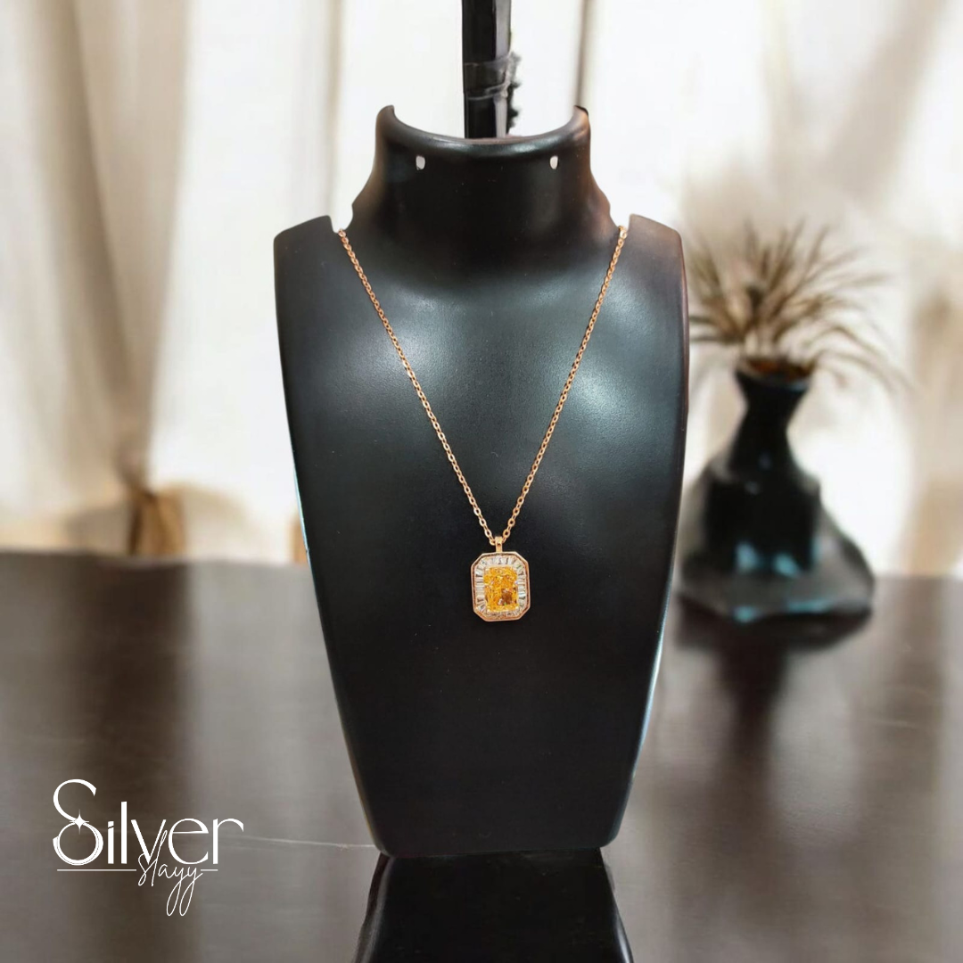 Sophisticated 925 Sterling Silver Necklace with Radiant Yellow Zirconia Pendant | Adjustable Rose Gold-Plated Jewelry by SilverSlayy