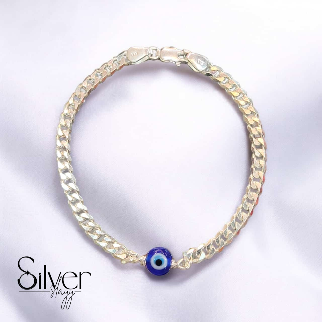 Men’s 925 Sterling Silver Bracelet – 8 Inches Adjustable Cuban Link with Evil Eye Charm