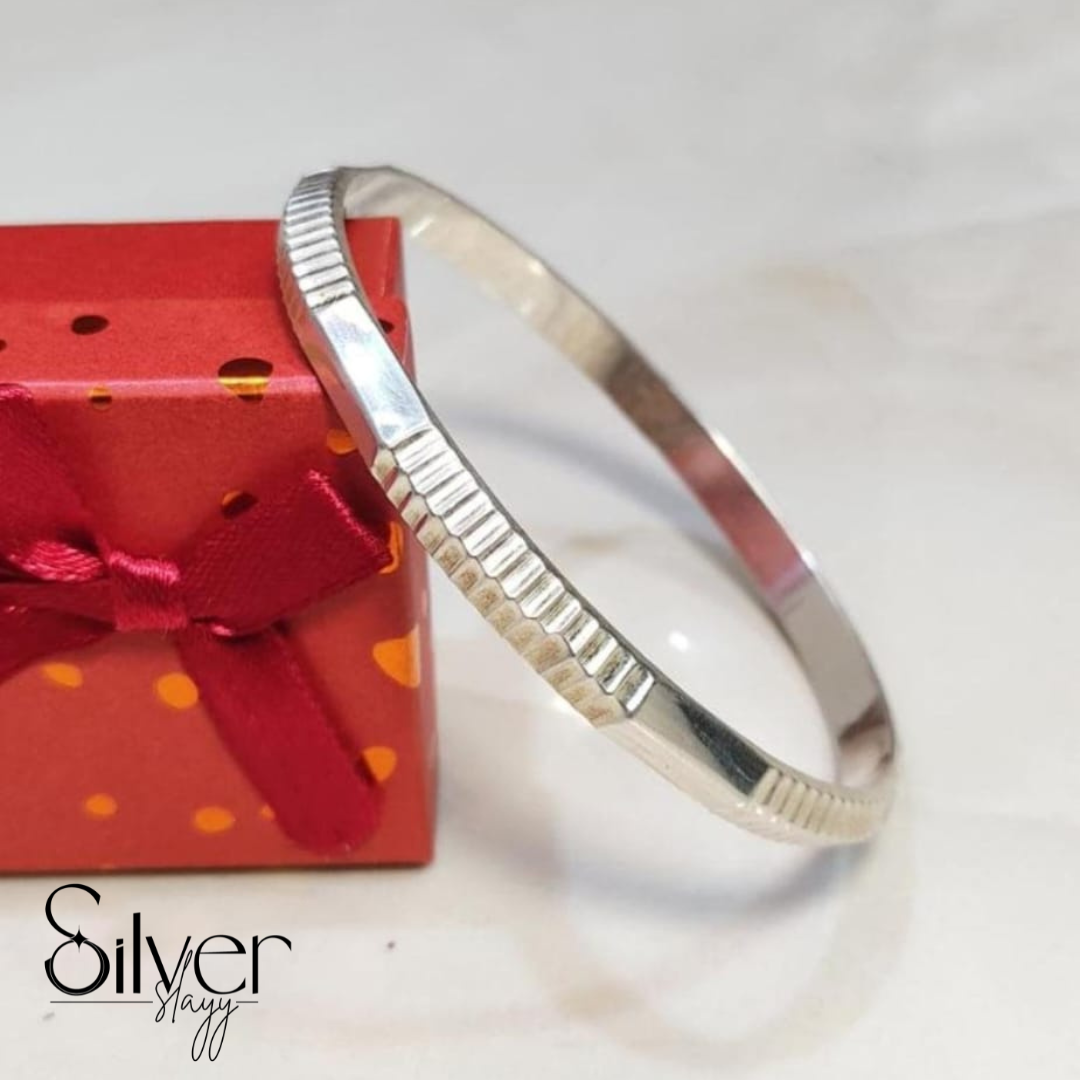 Men’s Kada in 925 Sterling Silver with Gear-Textured Edges | Bold Industrial-Inspired Bracelet by SilverSlayy