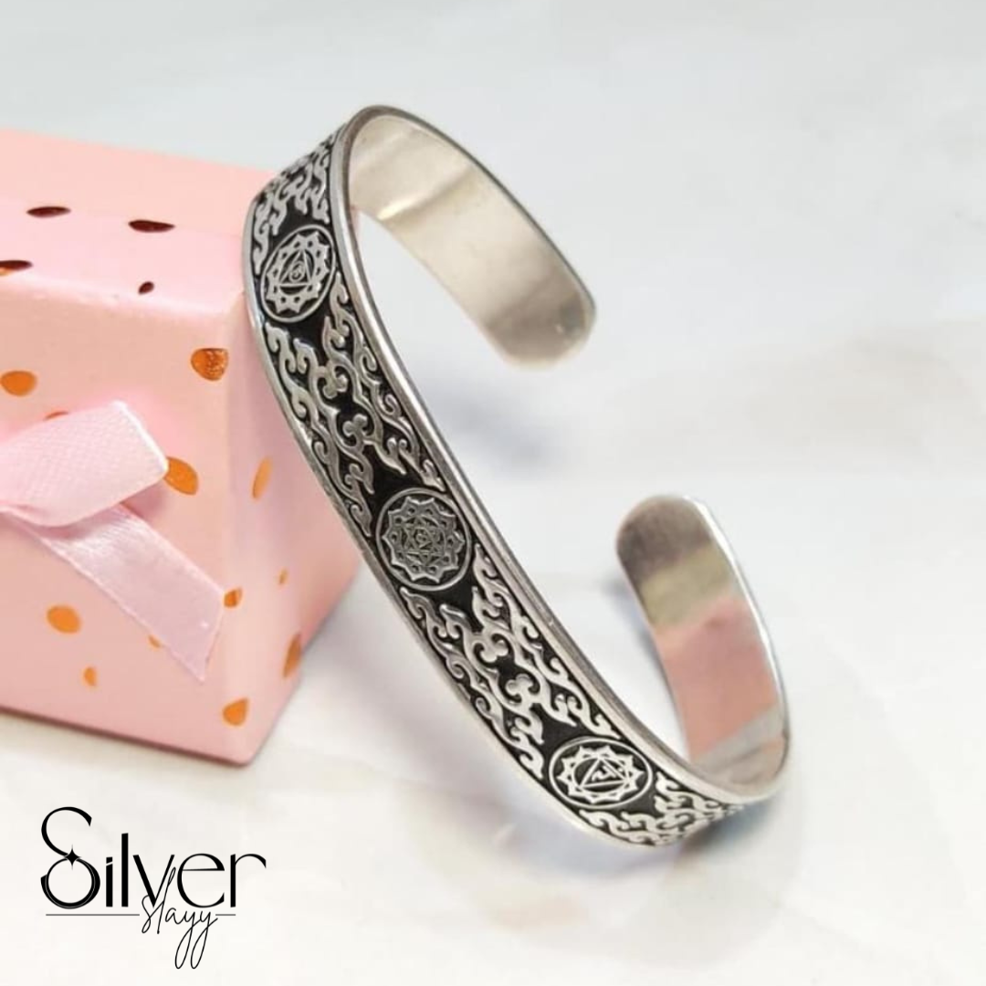 925 Sterling Silver Kada for Men with Sacred Geometry Design | Handcrafted Spiritual Cuff Bracelet by SilverSlayy