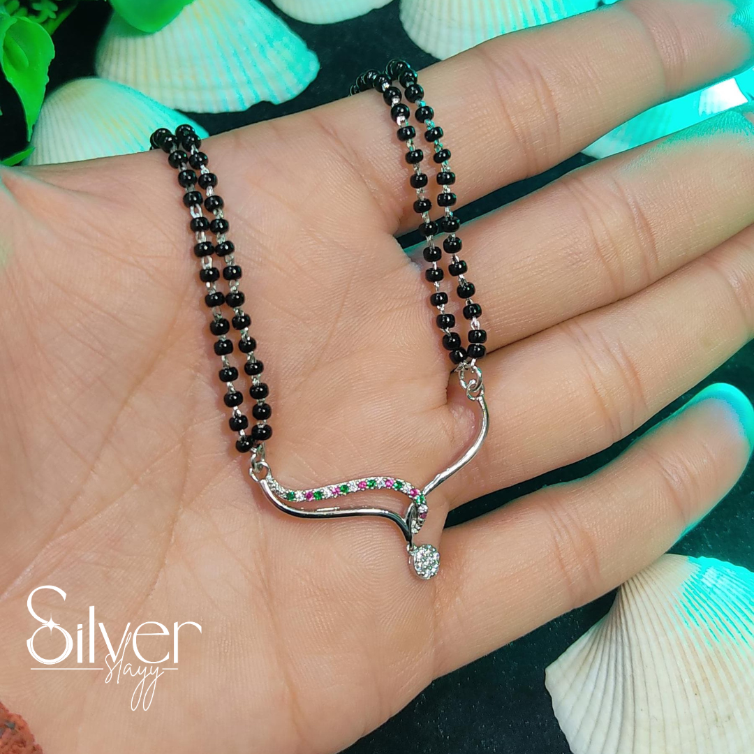 Double-Layered Silver Mangal Sutra with Colorful Accents | Elegant Jewelry