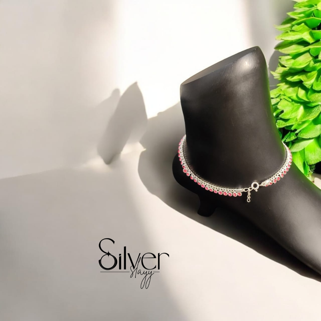 925 Sterling Silver Italian Anklet ā Pink Stone Adorned