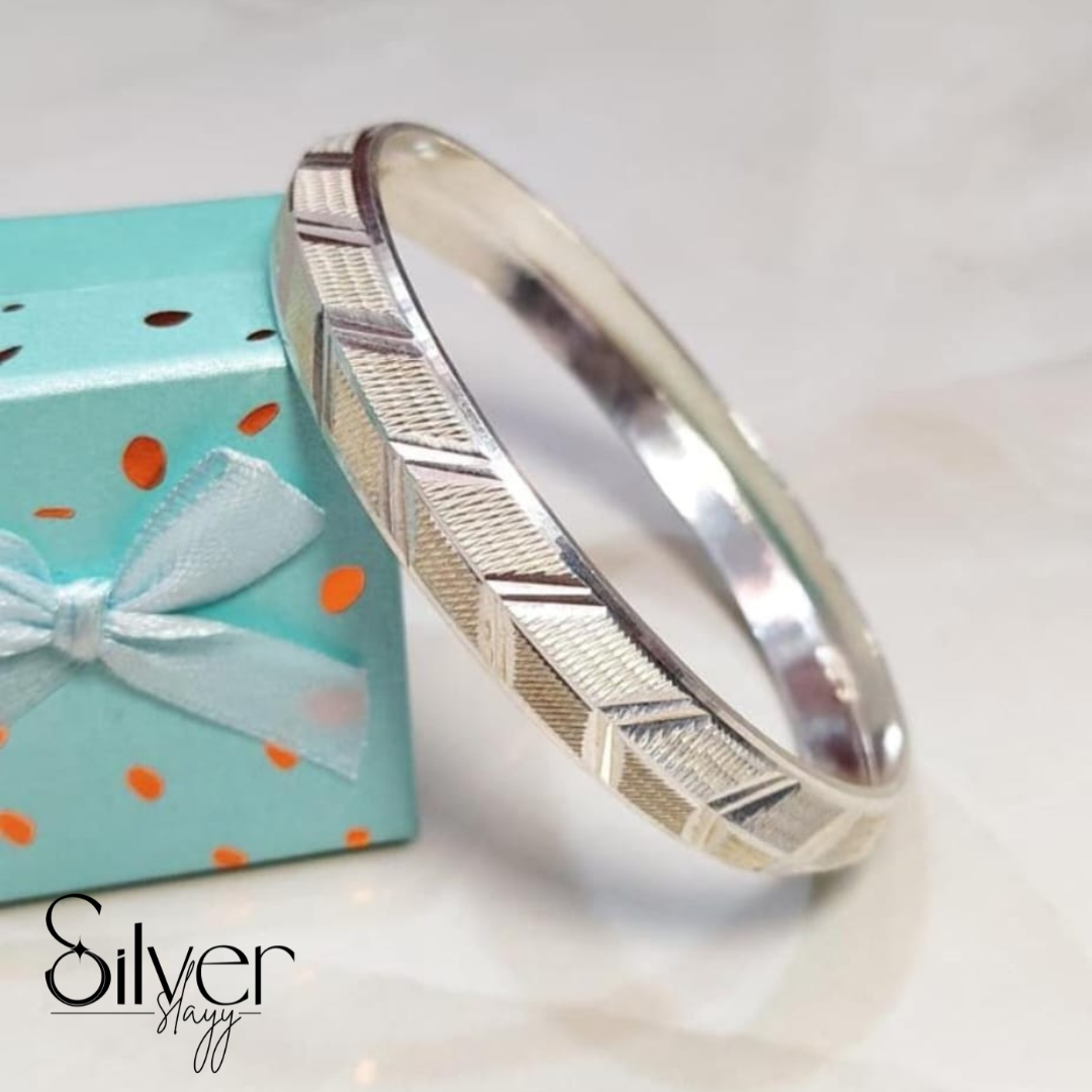 925 Sterling Silver Men's Kada with Geometric Chevron Engraving | Textured Polished Bracelet by SilverSlayy