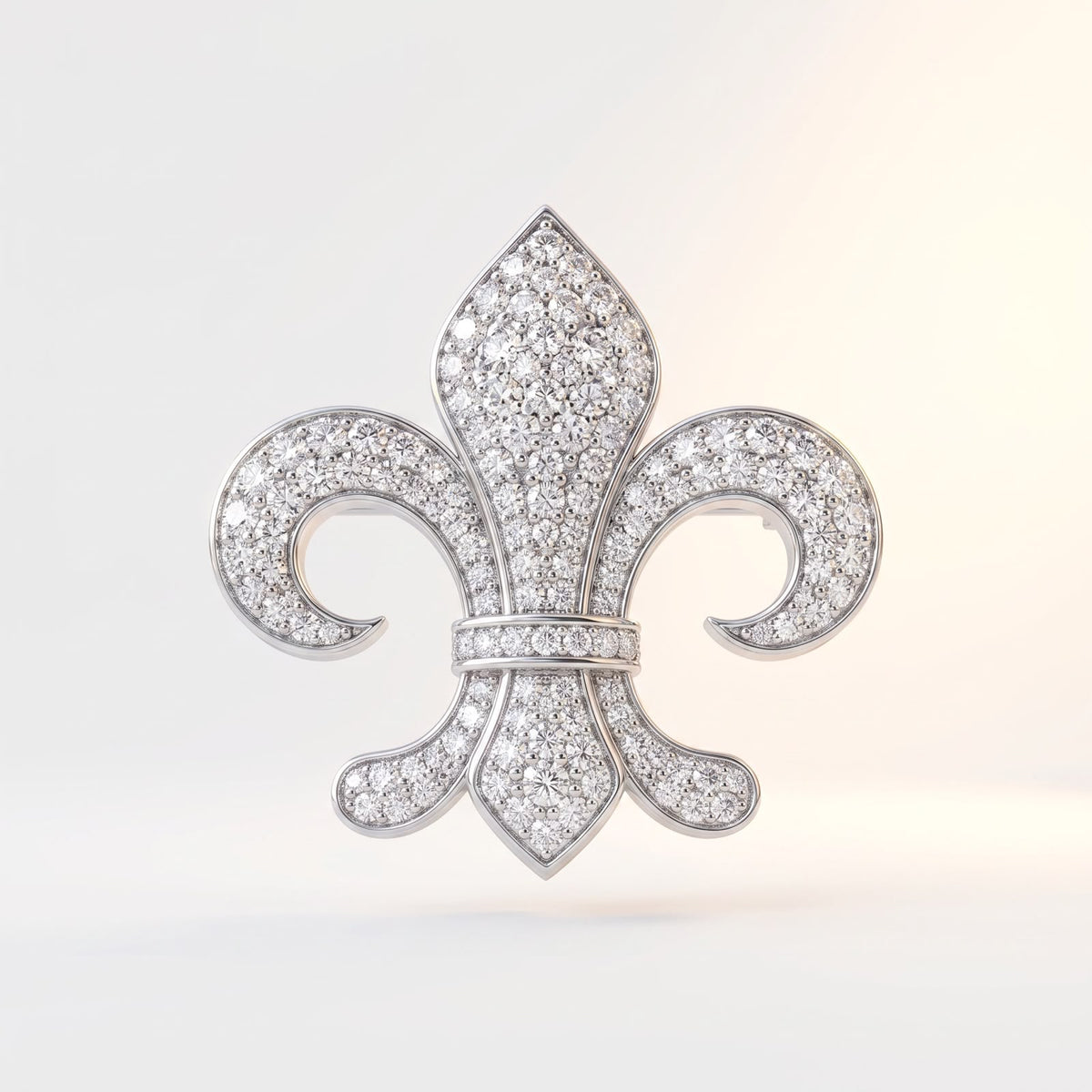 Front view of 925 sterling silver fleur-de-lis brooch with micro pave stones on white background.
