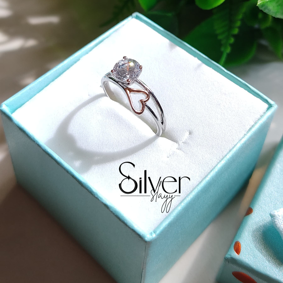 Solitaire Heart Ring for Women | Rose Gold Accent Non-Adjustable Promise Ring by SilverSlayy
