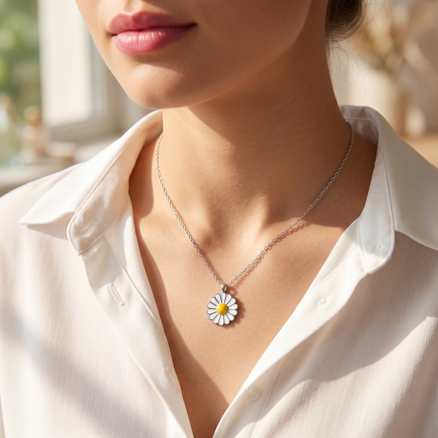 Front view of a 925 silver chain necklace featuring a white and yellow daisy flower pendant, worn on a woman's neckline over a white shirt.