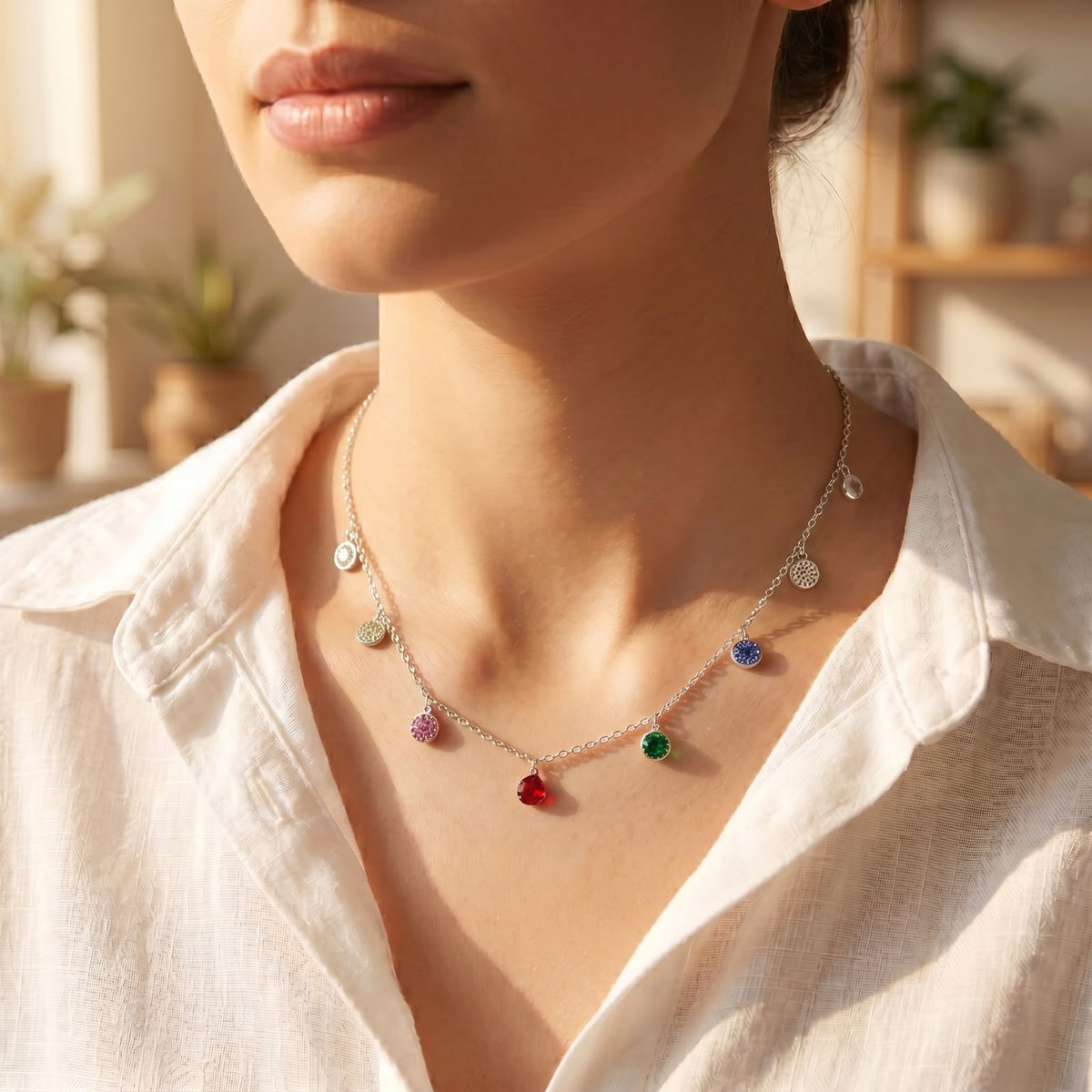 Front view of a 925 silver chain necklace featuring dangling multicolor round and teardrop charms, styled on a woman's neckline over a white shirt.