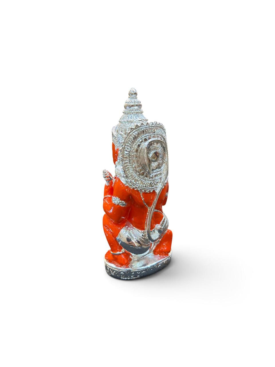 999 pure silver plated Hanuman idol shown from a rear-side angle, displaying the detailed back relief and decorative base.