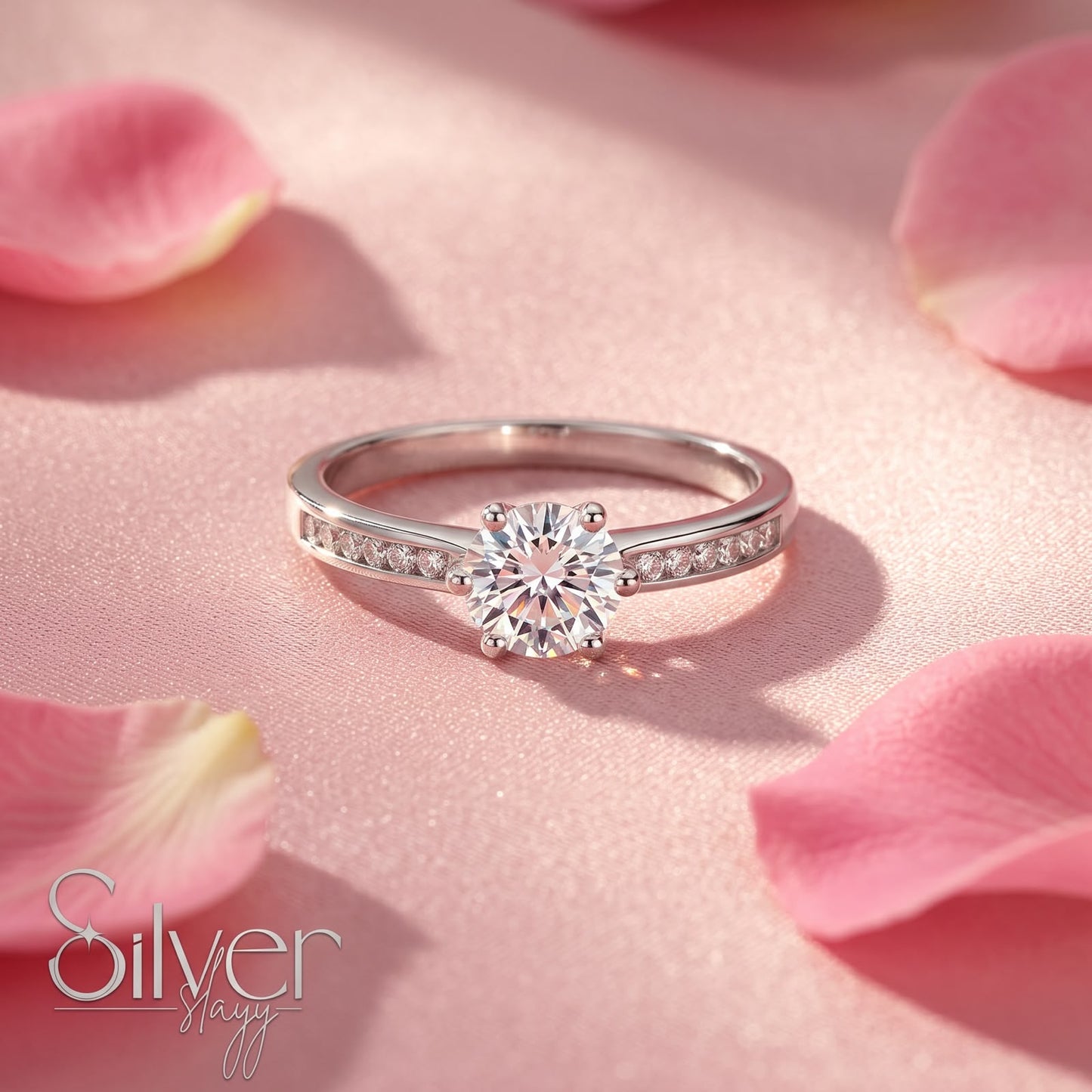 925 sterling silver ring with a round solitaire and pavé band on a soft pink floral background.