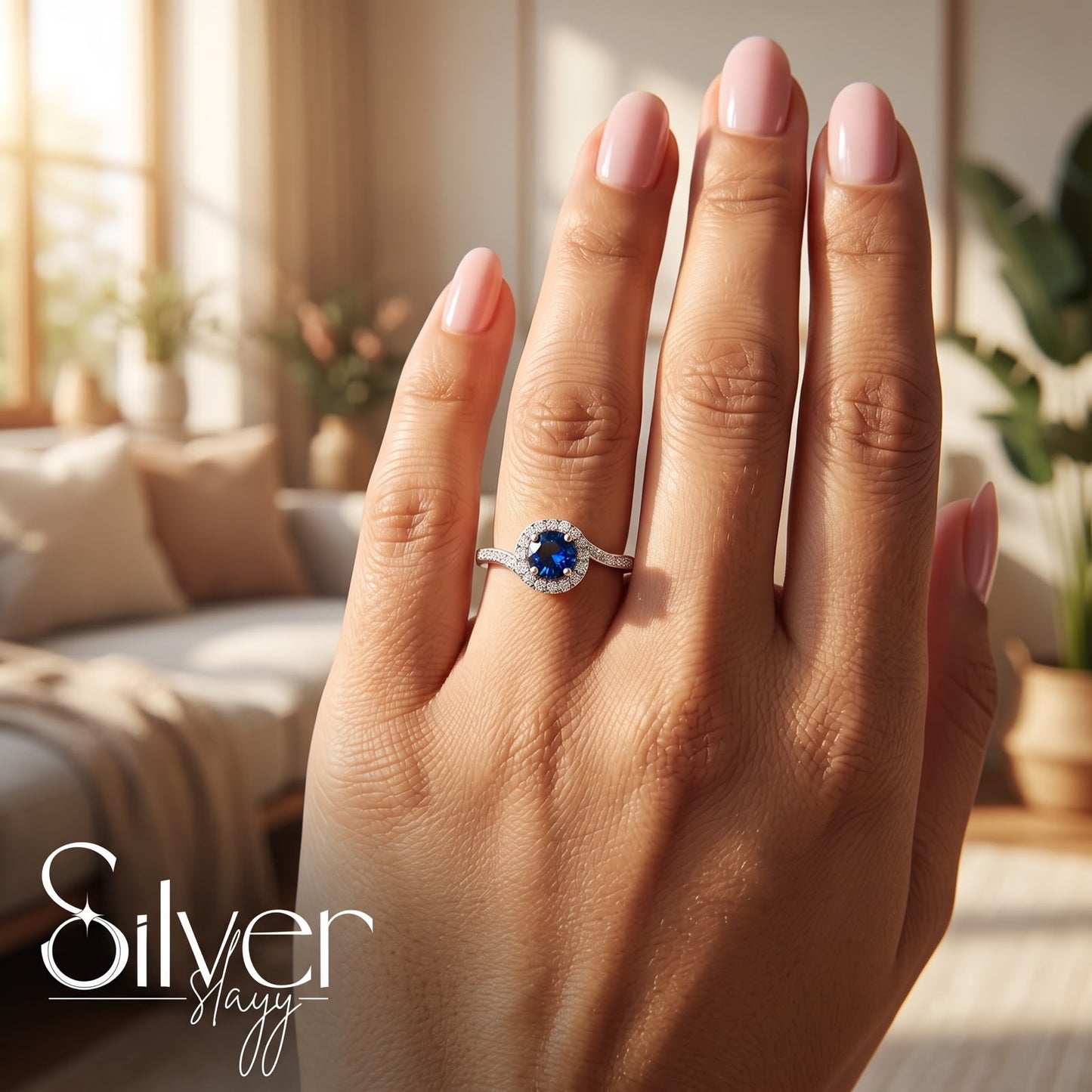 925 sterling silver blue halo solitaire ring worn on a woman's finger in a bright indoor lifestyle setting.