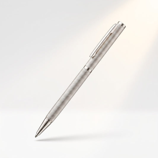 Floating studio view of a 925 sterling silver ballpoint pen with diagonal ribbed body and pocket clip.