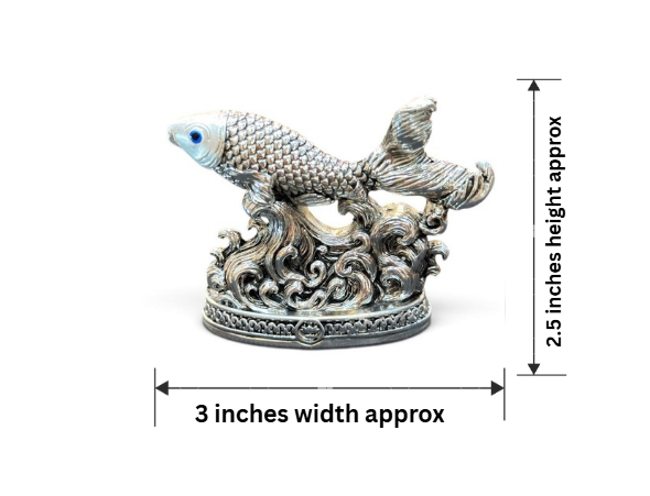 999 pure silver plated fish gifting item displayed on a white background, featuring a detailed fish with textured scales, raised fins and a sculpted wave base, approximately 3 inches wide and 2.5 inches high.