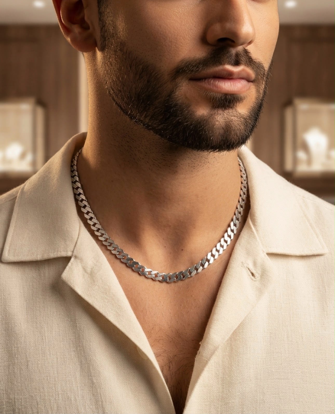 Man wearing a 925 sterling silver men's chain with faceted interlocking curb links and a 20-inch fit.