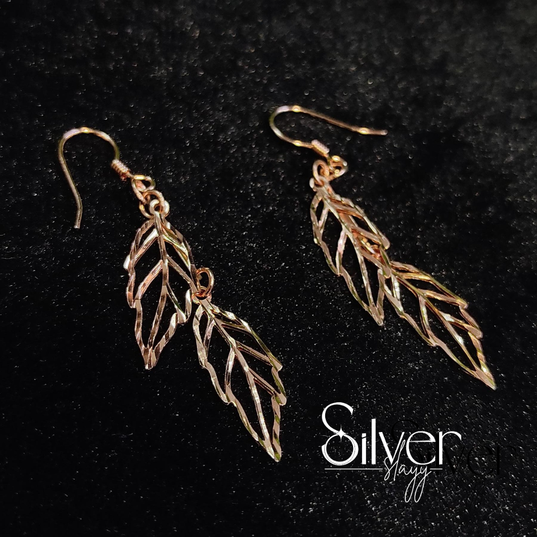 925 Sterling Silver Leaf Dangle Earrings | Elegant Gold Polish Finish
