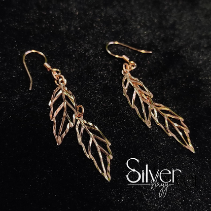 925 Sterling Silver Leaf Dangle Earrings | Elegant Gold Polish Finish