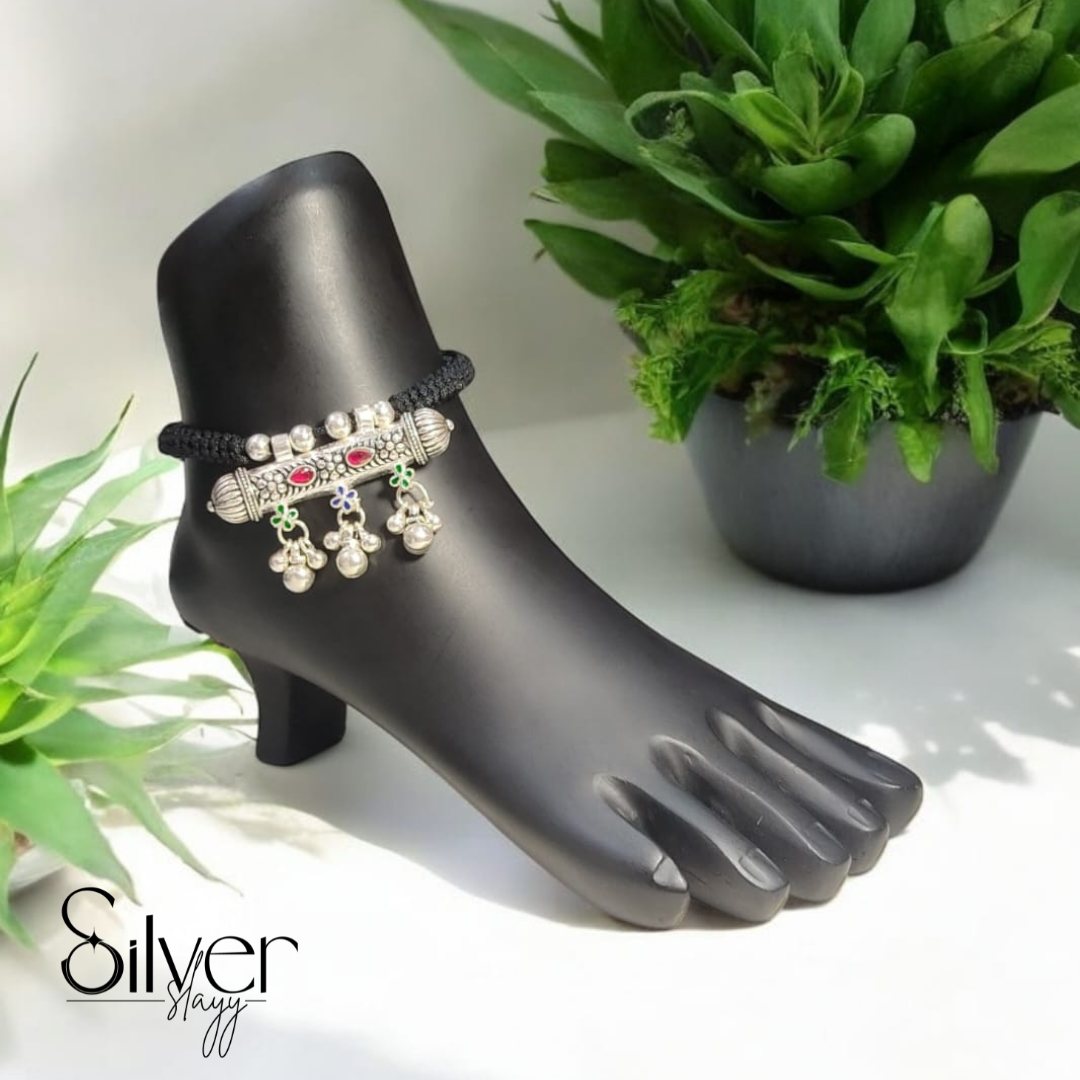 65% Pure Silver Adjustable Thread Anklet – Traditional Charm with Colorful Accents | Silver Slayy