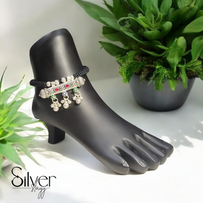 65% Pure Silver Adjustable Thread Anklet – Traditional Charm with Colorful Accents | Silver Slayy