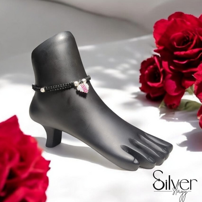 Black Thread Anklet with Silver & Pink Heart Charm – Adjustable & Stylish
