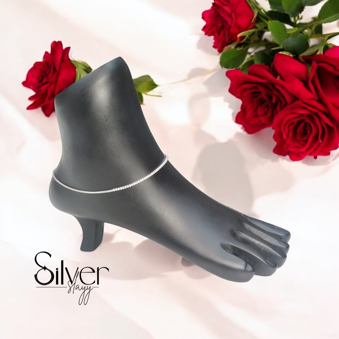 925 Sterling Silver Italian Anklet – Half Stone, Half Chain Design (Adjustable, 10 Inches)