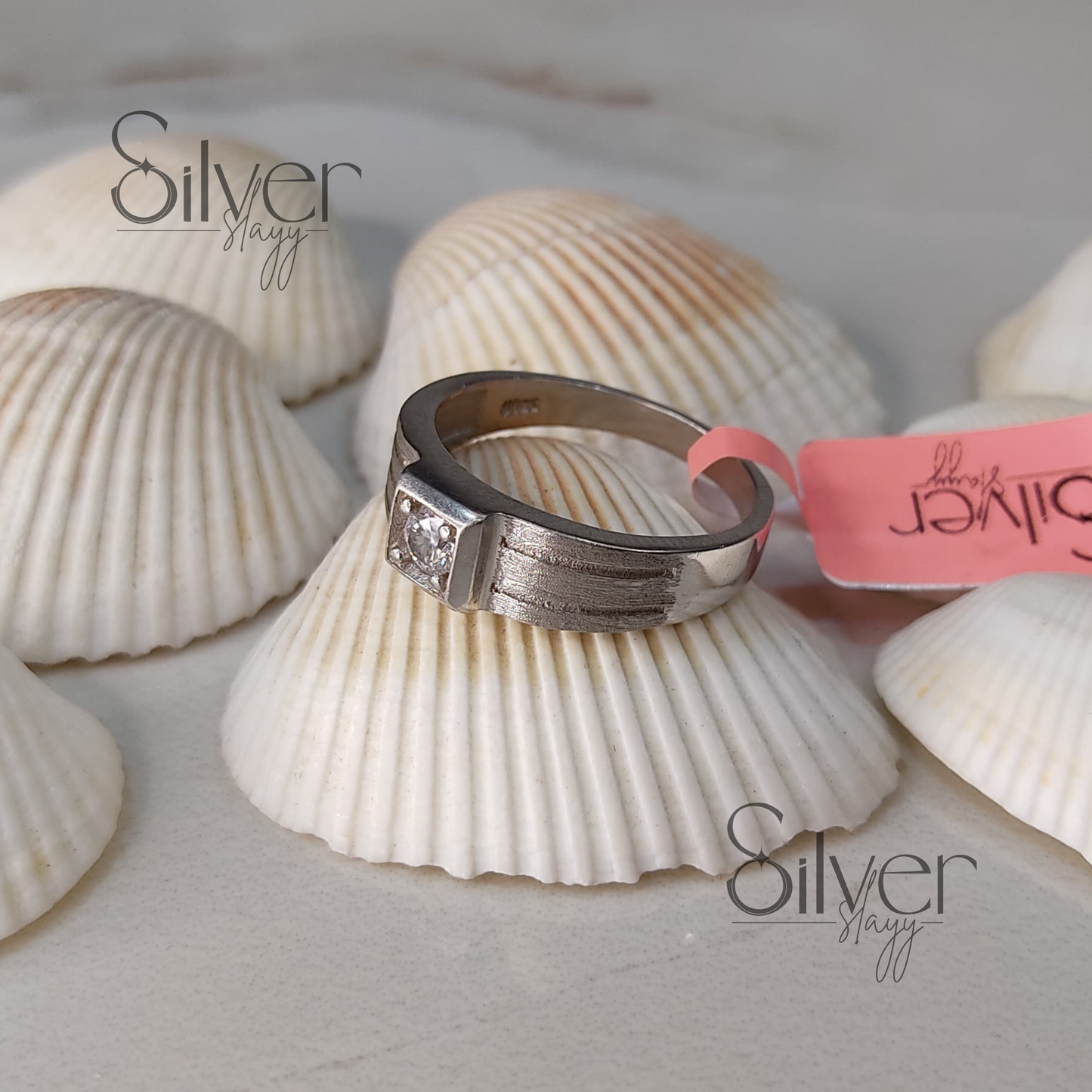 Men's 925 Sterling Silver Ring with Single Crystal Accent and Textured Band – Minimalist and Stylish