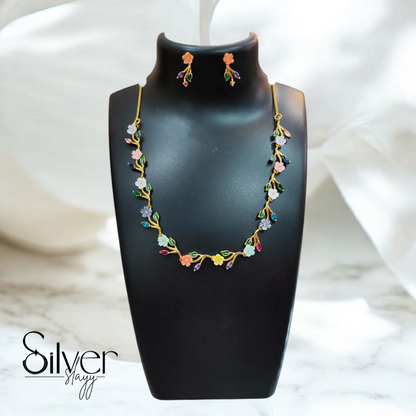Elegant Floral 925 Sterling Silver Necklace Set with Colorful Gemstones | Adjustable Flower Jewelry by SilverSlayy