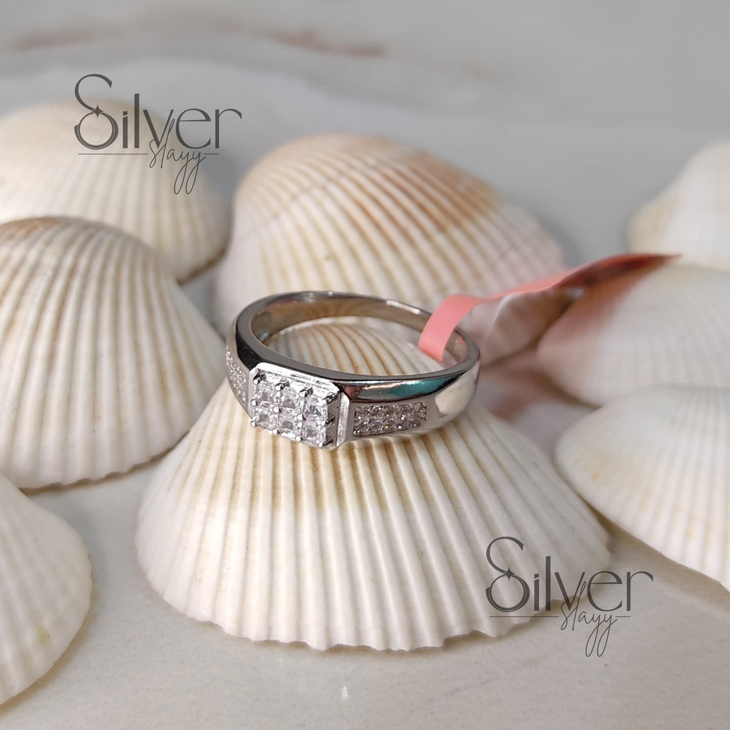 Men's 925 Sterling Silver Ring with Square Crystal Cluster and Side Accents – Subtle and Sophisticated