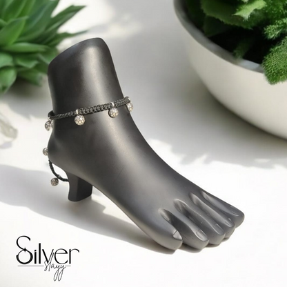 Black Thread Anklet with Silver Beads – Adjustable & Trendy Foot Jewelry