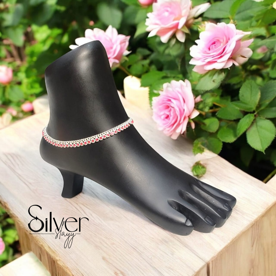 925 Sterling Silver Italian Anklet – Pink Stone Adorned