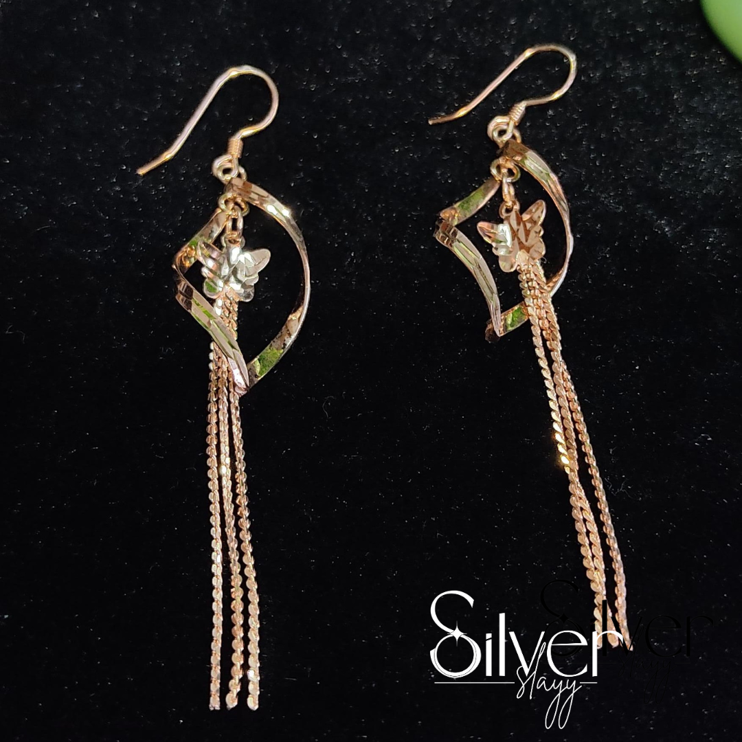 925 Sterling Silver Long Dangle Earrings | Floral Design with Chain Tassels