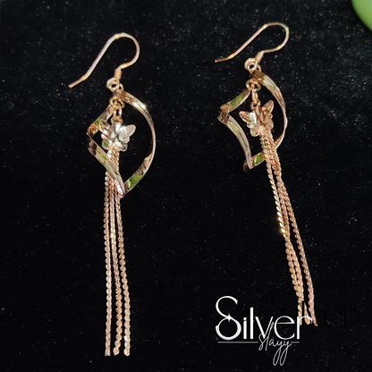 925 Sterling Silver Long Dangle Earrings | Floral Design with Chain Tassels