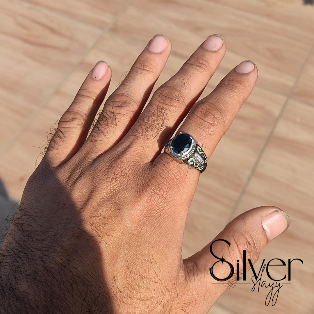 SilverSlayy Sterling Silver Black Stone Ring – Regal Design with Intricate Details