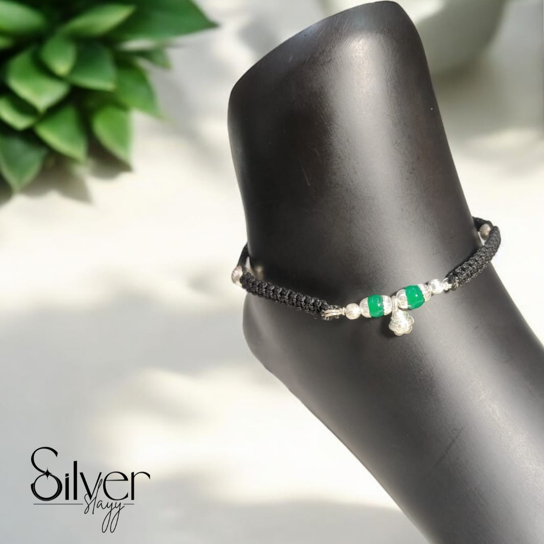 Black Thread Anklet with Silver & Green Beads – Adjustable & Stylish