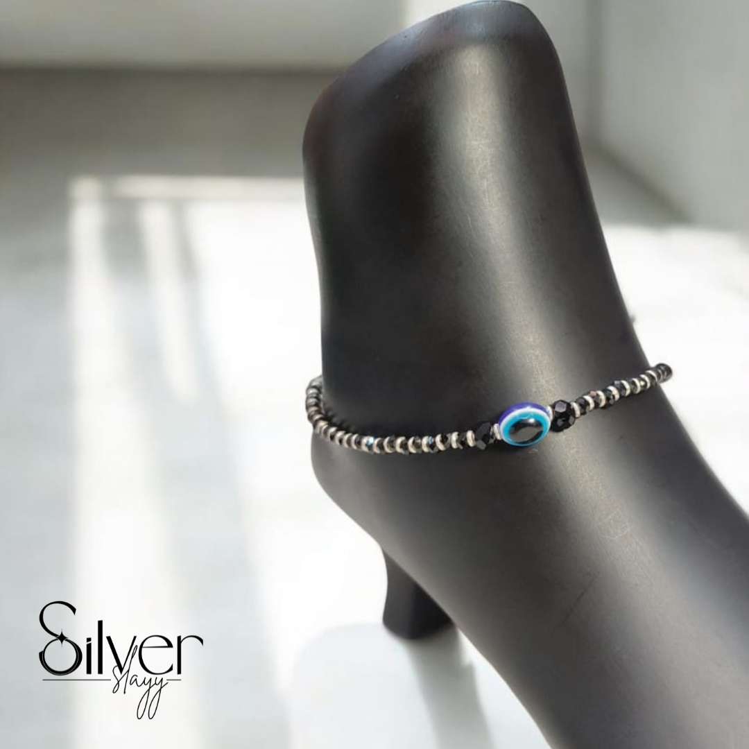 🧿 92.5% Silver Nazaria Evil Eye Anklet – Adjustable Protection Jewelry (10.25 Inches)