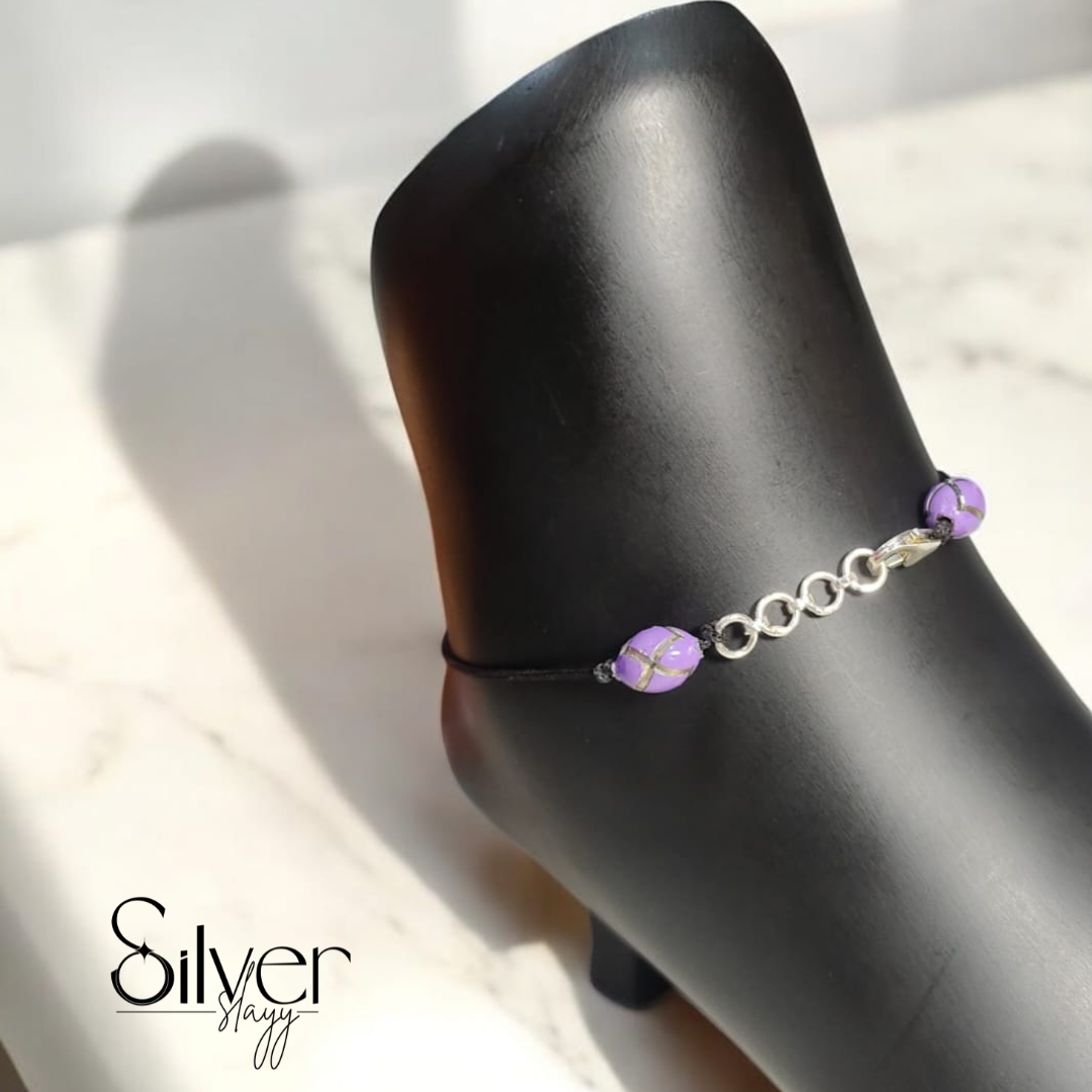 65% Pure Silver Adjustable Thread Anklet – Elegant Purple Bead Accent | Silver Slayy