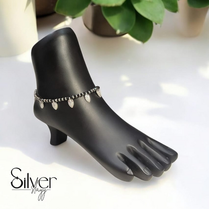 🖤 92.5% Silver Nazaria Anklet with Leaf Charms – Adjustable Evil Eye Protection (10.25 Inches)