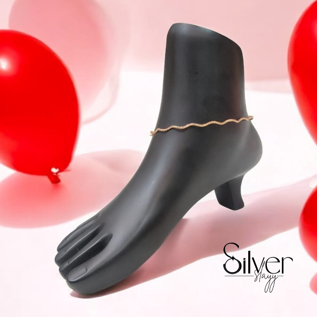 ✨ Italian 92.5% Silver Wavy Anklet – Elegant Rose Gold Finish (10.25 Inches)