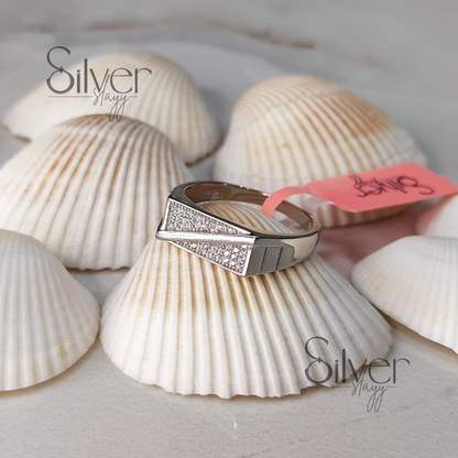 Men's 925 Sterling Silver Ring with Triangle Crystal Pavé Accent – Bold and Modern Style