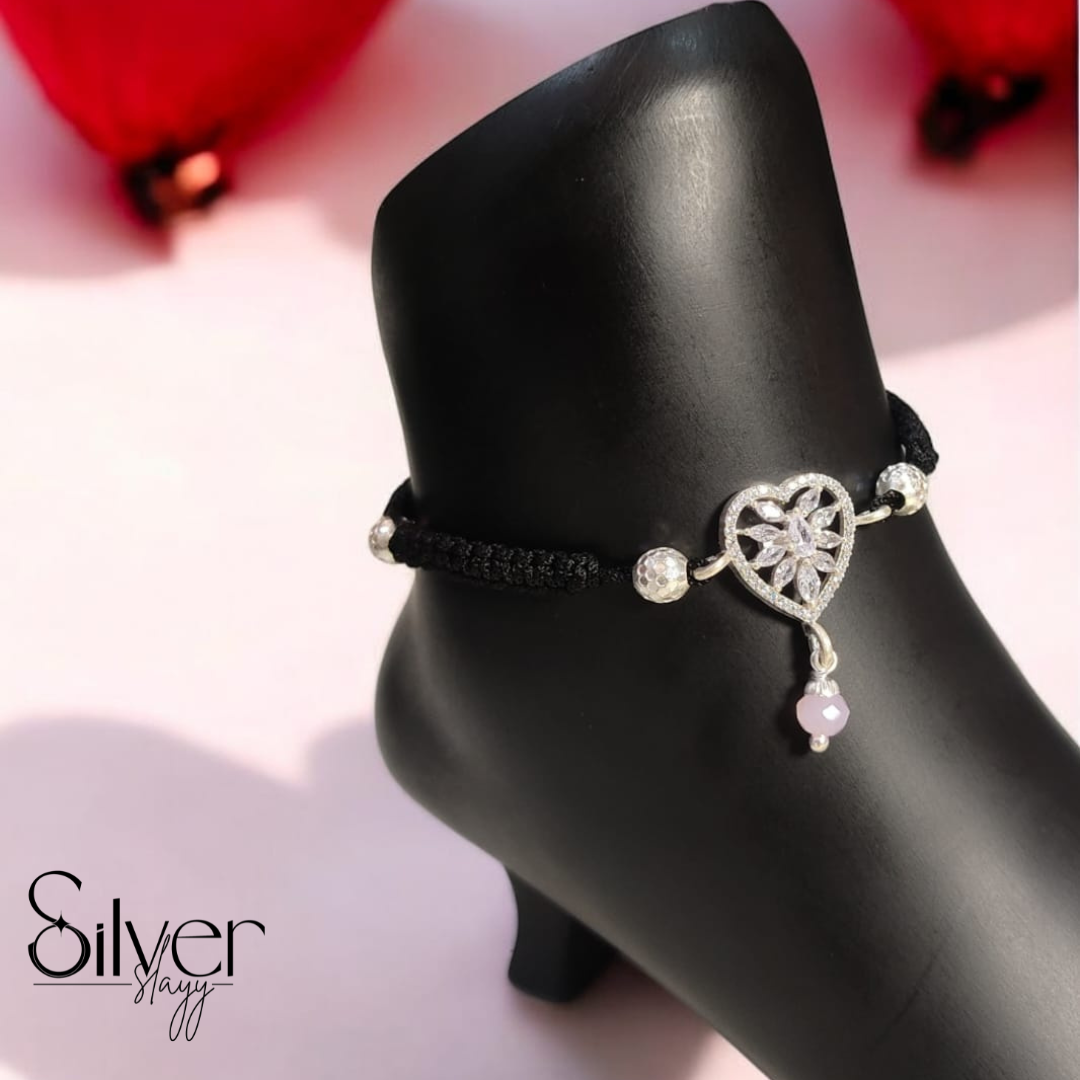 65% Pure Silver Adjustable Thread Anklet – Heart Charm with Pink Bead | Silver Slayy
