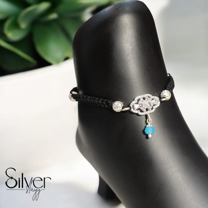 Elegant Silver-Plated Adjustable Thread Anklet – Black & Silver Charm with Blue Bead Accent | Silver Slayy