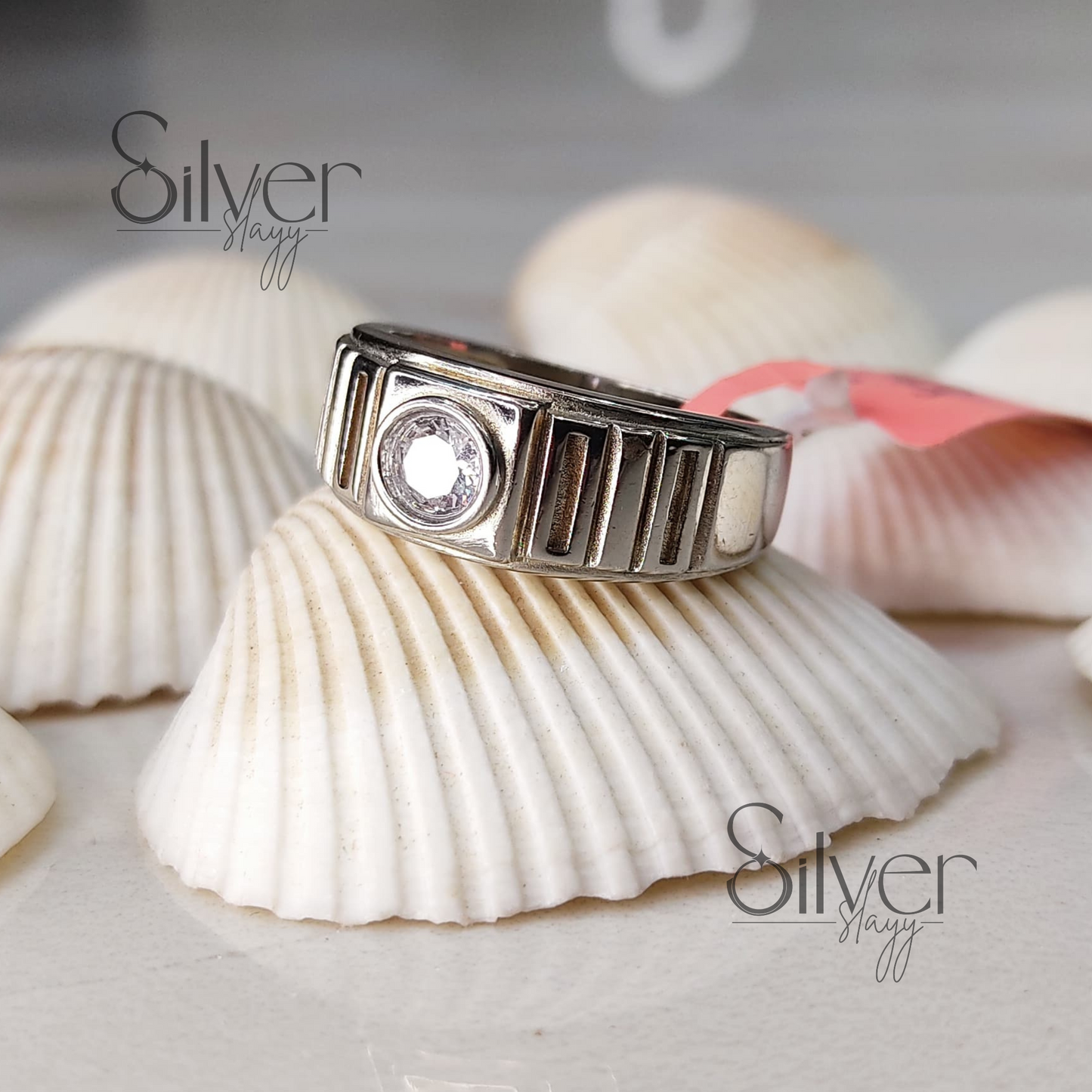 Men's 925 Sterling Silver Ring with Round Crystal Accent – Modern Minimalist Style