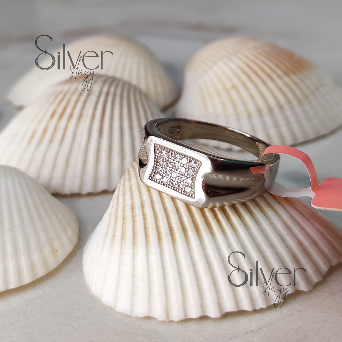 Men's 925 Sterling Silver Ring with Textured Crystal Panel – Bold and Stylish