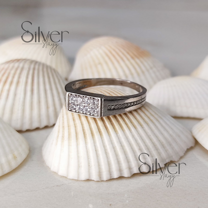 Men's 925 Sterling Silver Ring with Sparkling Rectangular Crystal Cluster – Elegant and Refined Design
