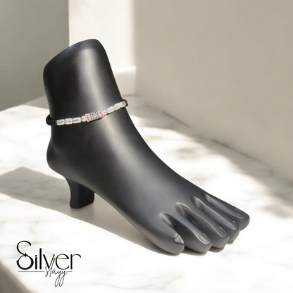 ✨ Black Thread Anklet with Silver Beads & Pink Gem – Adjustable & Stylish
