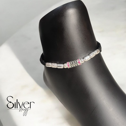✨ Black Thread Anklet with Silver Beads & Pink Gem – Adjustable & Stylish