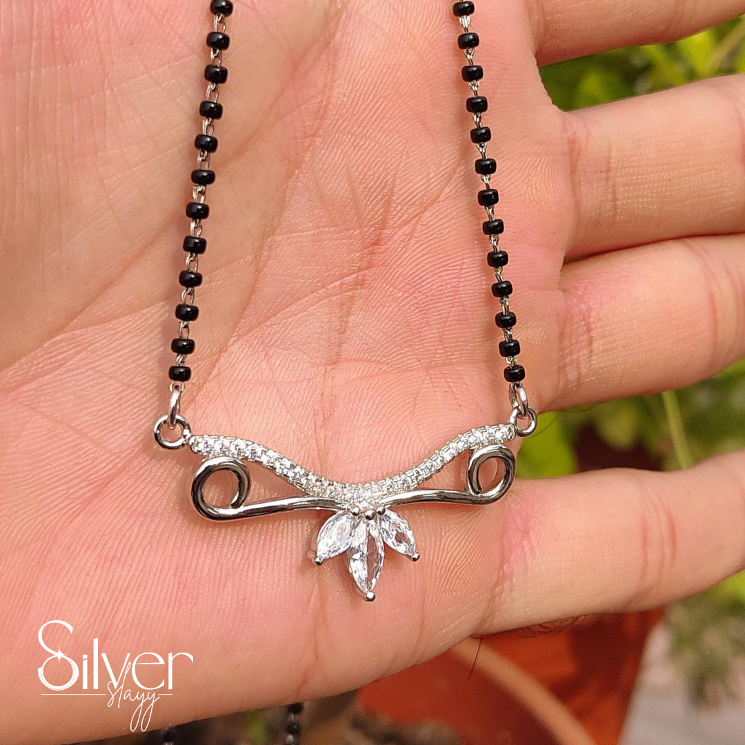Modern Floral Silver Mangalsutra with Black Beads Chain