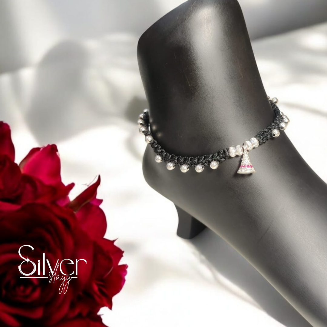 Elegant Thread Anklet with 65% Silver Beads – Adjustable Women’s Payal